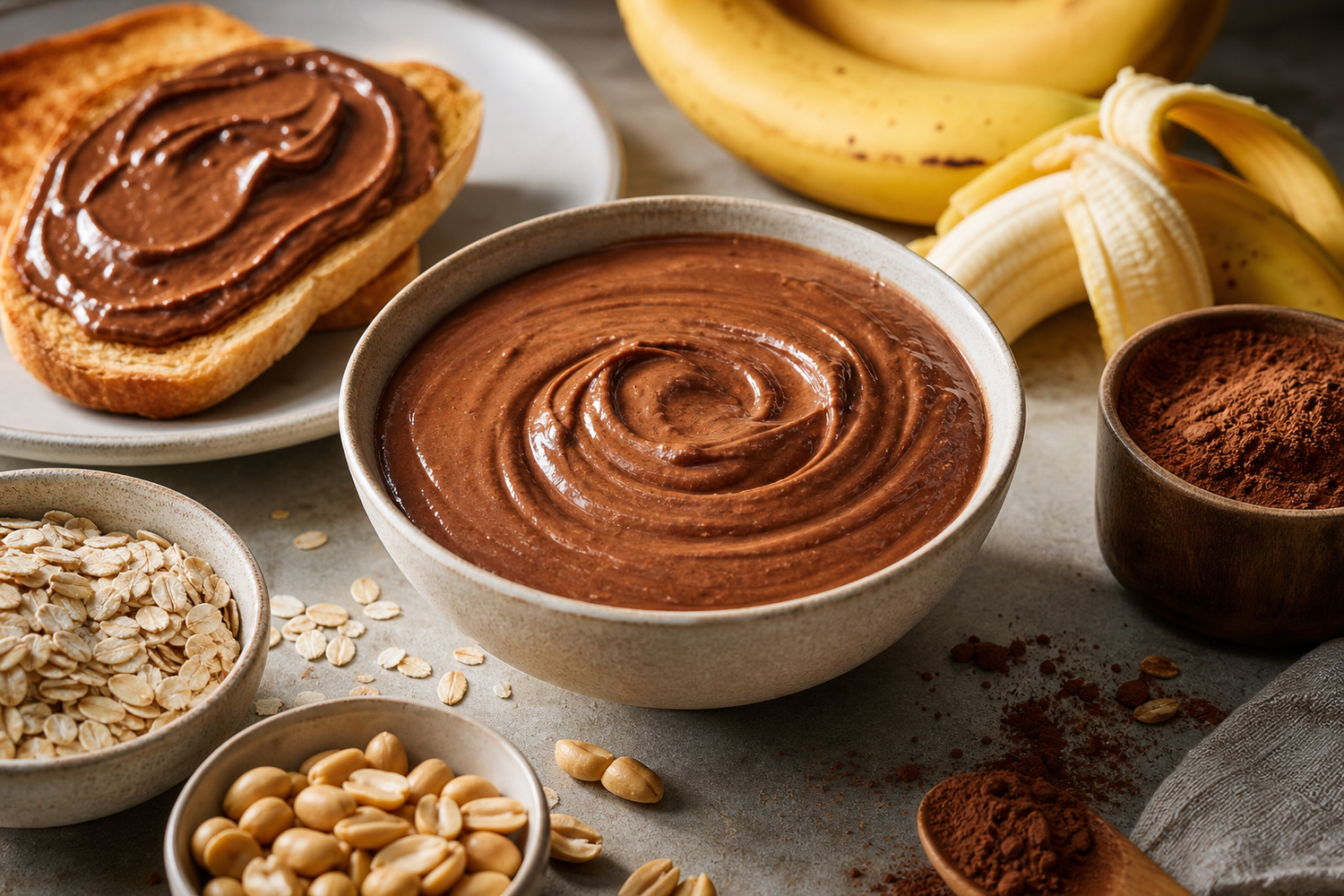 Chocolate peanut butter in a bowl with toast, cocoa, oats and peanuts on a kitchen table