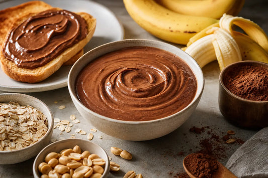 Chocolate peanut butter in a bowl with toast, cocoa, oats and peanuts on a kitchen table