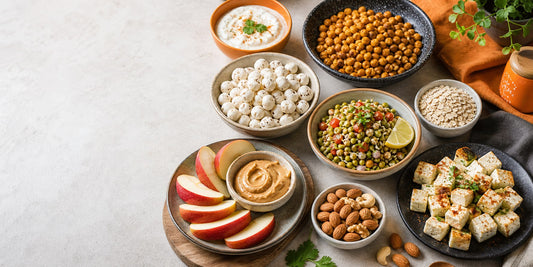 Healthy protein-rich Indian snacks including roasted chana, makhana, curd, fruit and oats
