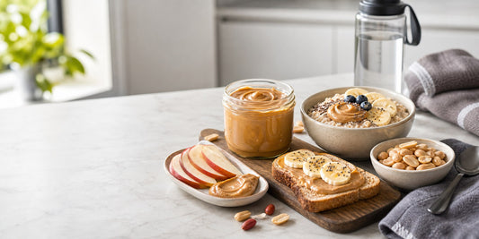 Natural high-protein peanut butter with banana, apple, toast and oats near a gym towel