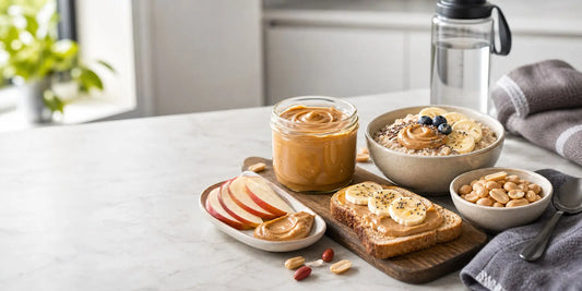 Natural high-protein peanut butter with banana, apple, toast and oats near a gym towel