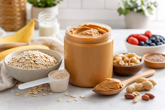 Large peanut butter jar with oats, measuring spoon, peanuts and a clean nutrition-focused kitchen setup