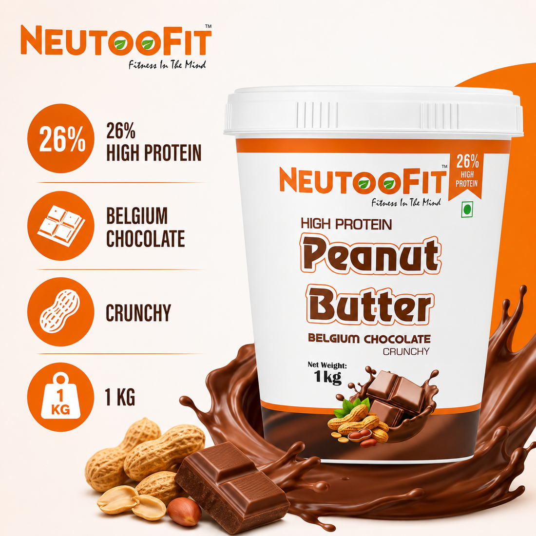 NEUTOOFIT Belgium Chocolate Crunchy High Protein Peanut Butter 1kg | 26% Protein