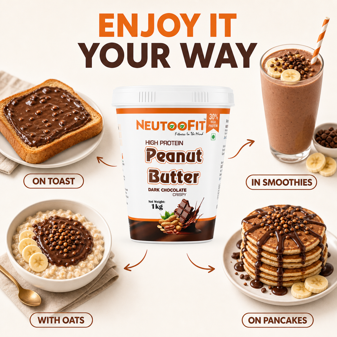 NEUTOOFIT Dark Chocolate Crispy High Protein Peanut Butter 1kg
