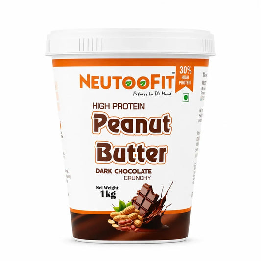 NEUTOOFIT Dark Chocolate Crunchy high protein peanut butter 1kg on white background