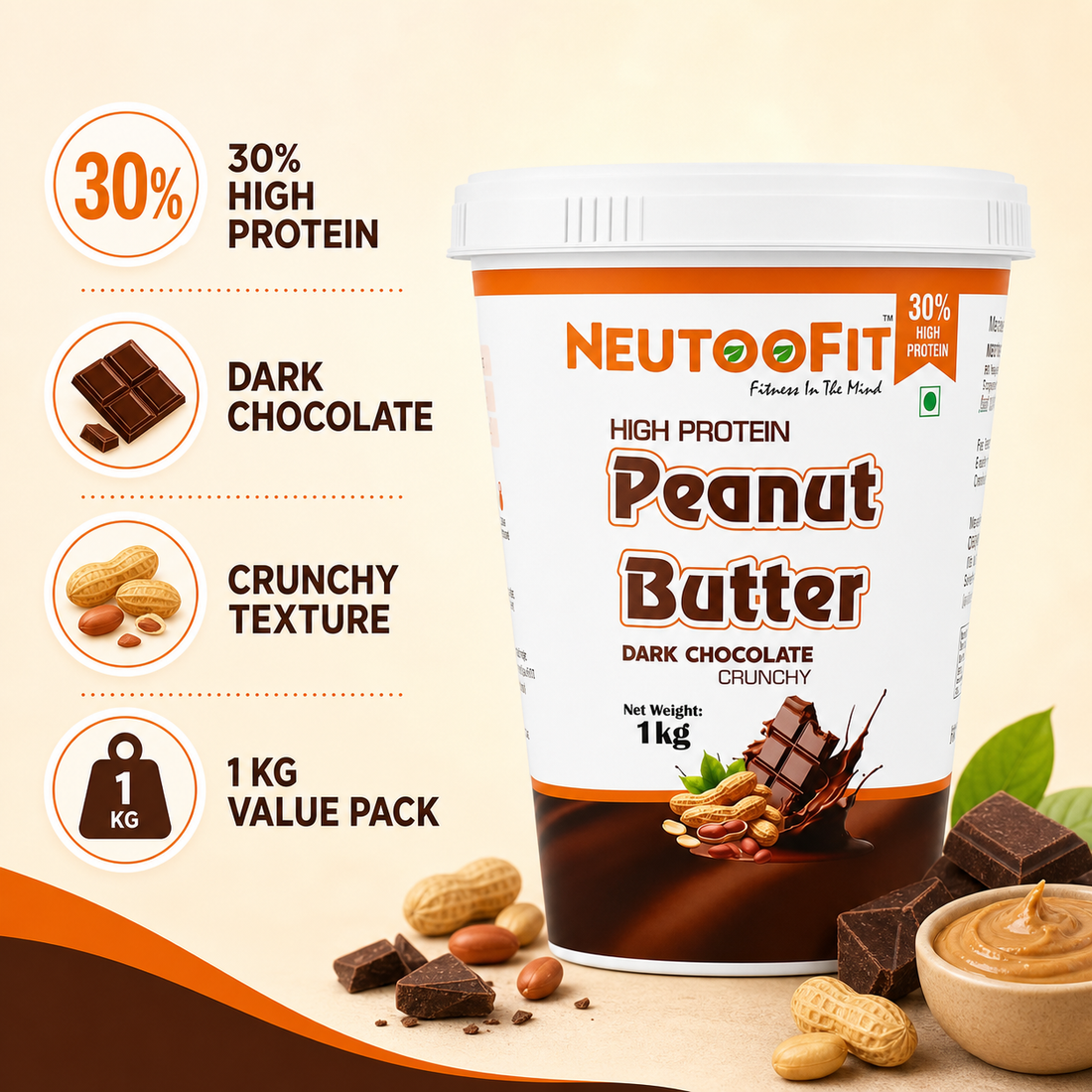 NEUTOOFIT Dark Chocolate Crunchy High Protein Peanut Butter 1kg